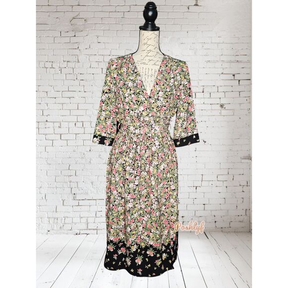 Zara Basic Midi Floral 3/4 Sleeve Wrap Dress Large - Picture 14 of 14